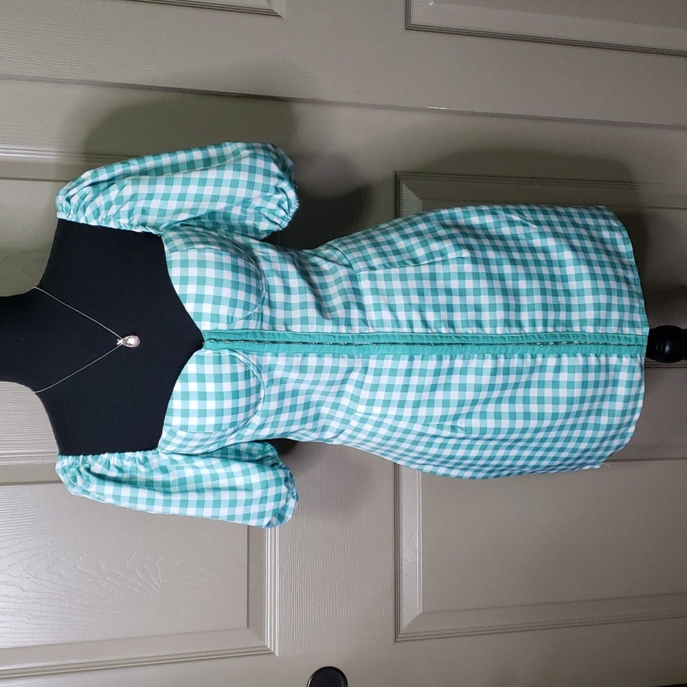 NWT Prettylittlething green gingham corset floaty sleeve bodycon dress size 8